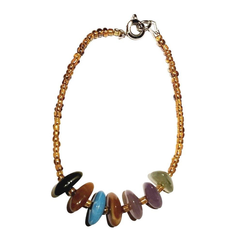 Rainbow Polished Stone Bracelet Vintage 6 inch Girls Gold bead